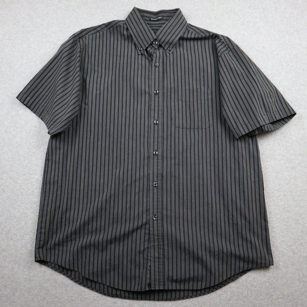 Van Heusen Shirt Mens Large Wrinkle Free Black Striped Button Down Short Sleeve